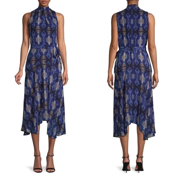Calvin Klein New With Tags Blue Snakeskin-Print Belted Midi Dress Size 4 - Picture 1 of 15